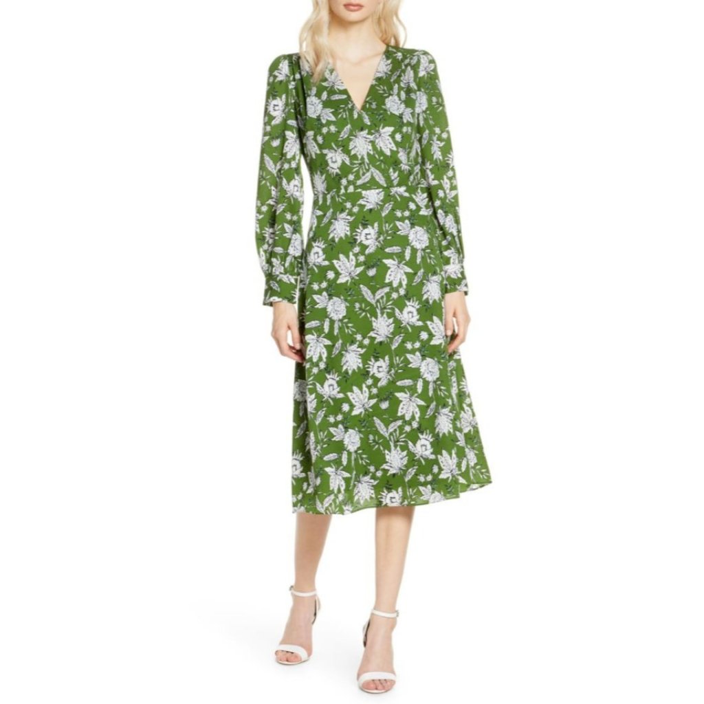 Chelsea28 Midi Dress Medium M Green White Washable Long Sleeve Career Church